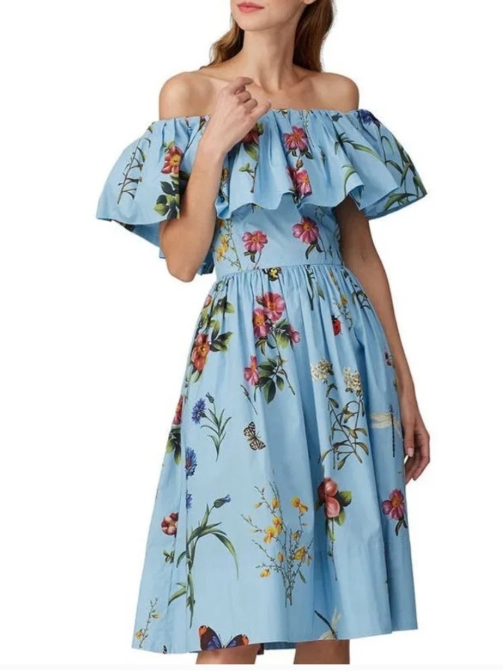 Oscar de la Renta Light Blue Floral Off-Shoulder Dress